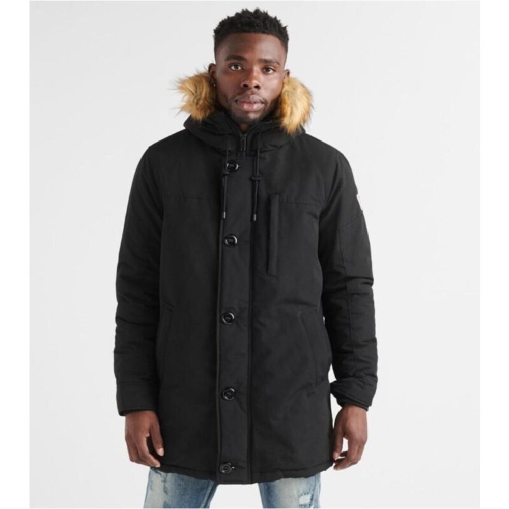 Guess Black Men's Jacket Parka Removable Faux Fur XL